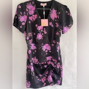 Leyden NEW Black Purple Floral Surplice Ruched Mini Dress